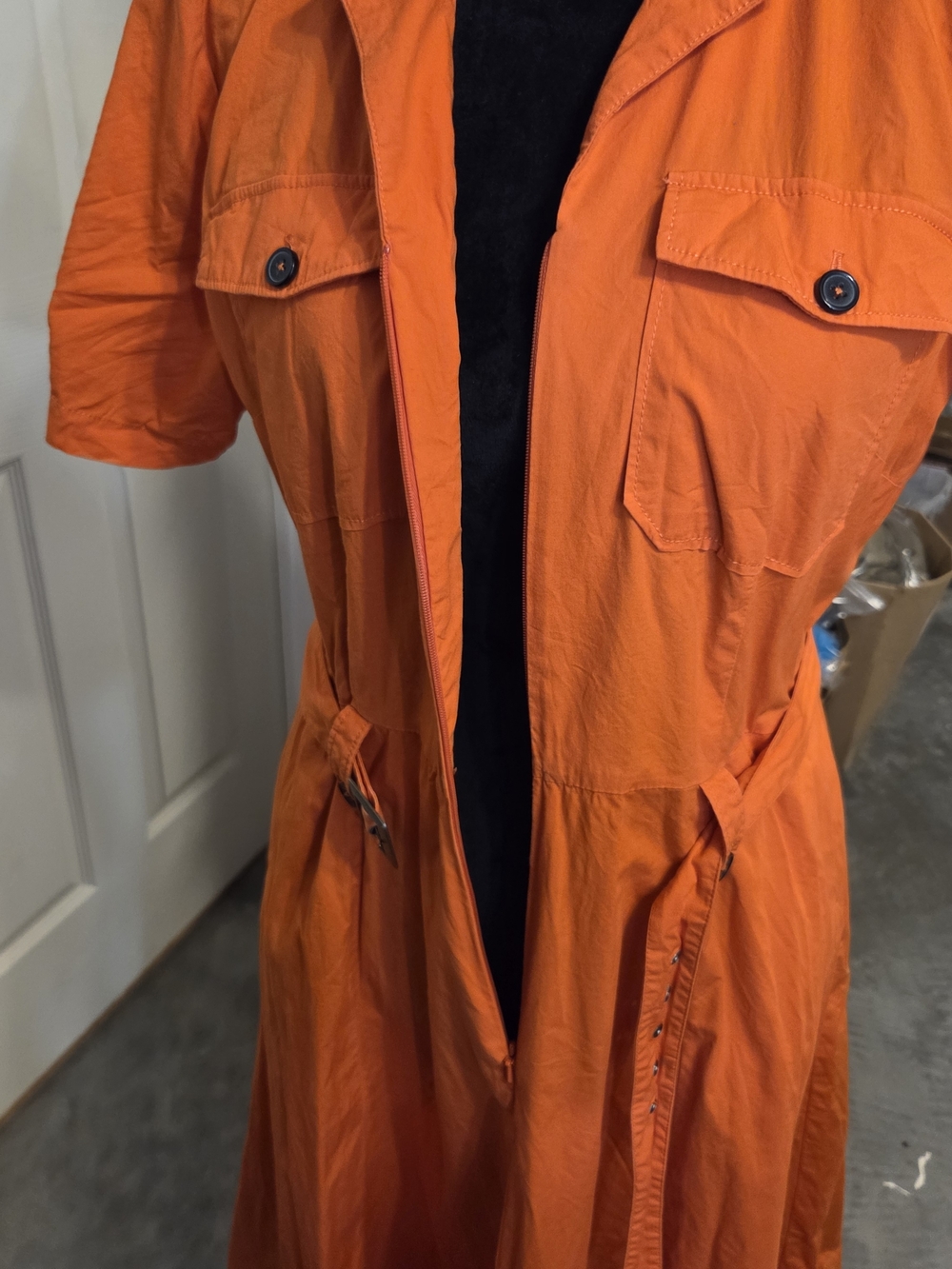 eShakti Vibrant Orange A Line Feminine Short-Sleeve Utility Midi Dress Belted - Picture 6 of 16